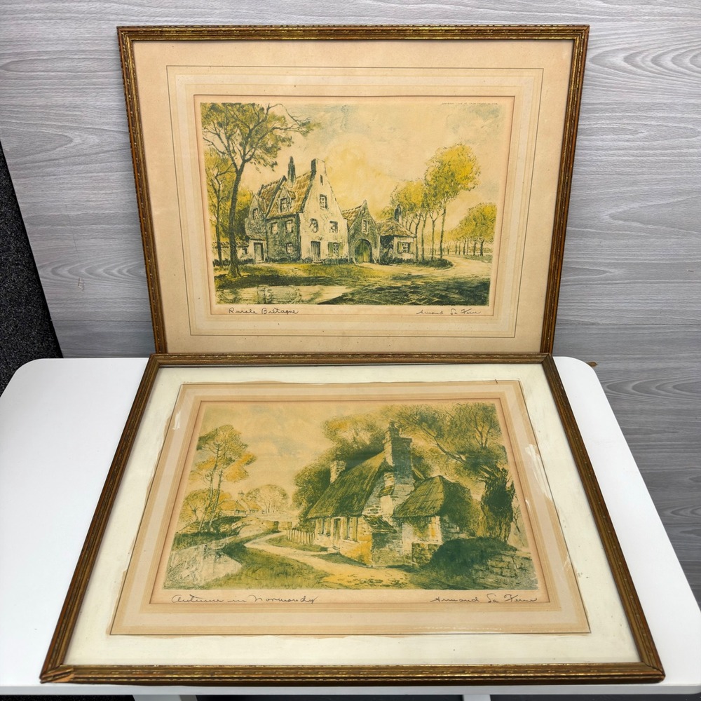 Vintage 1930s Armand La Ferve Copper Etchings Pair Normandy Brittany Framed Art